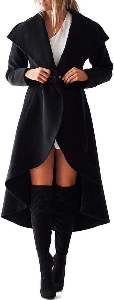 SAUKOLE Women's Winter Wool Trench Coat Wrap Large Collar High Low Jacket Outwear with Belt | Amazon (US)
