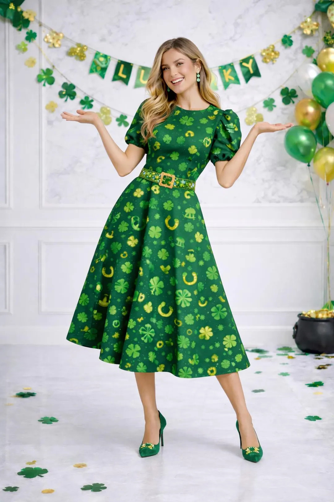St Patrick's Day Green Midi Dress, Shamrock Print A-Line Party Dress | Etsy (US)