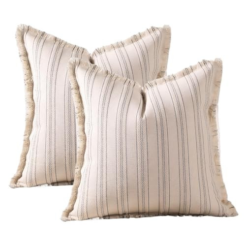 Striped Square Pillow Case Modern Neutral Cushion Cover Throw Pillow Covers with Fringe Chic for Living Room Sofa Home Decor Grey 18x18 | Amazon (CA)