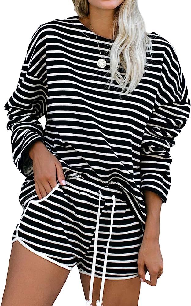 Basicspace Womens Cotton pajamas Set Long Sleeve Tops and Shorts PJ Set 2 Piece Sleepwear Casual ... | Amazon (US)