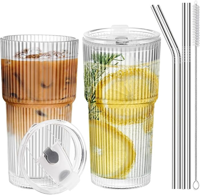 Iced Coffee Cups with Lids and Straws，20 OZ Glass Cups with Lids and Straws, Clear Ribbed Glass... | Amazon (US)