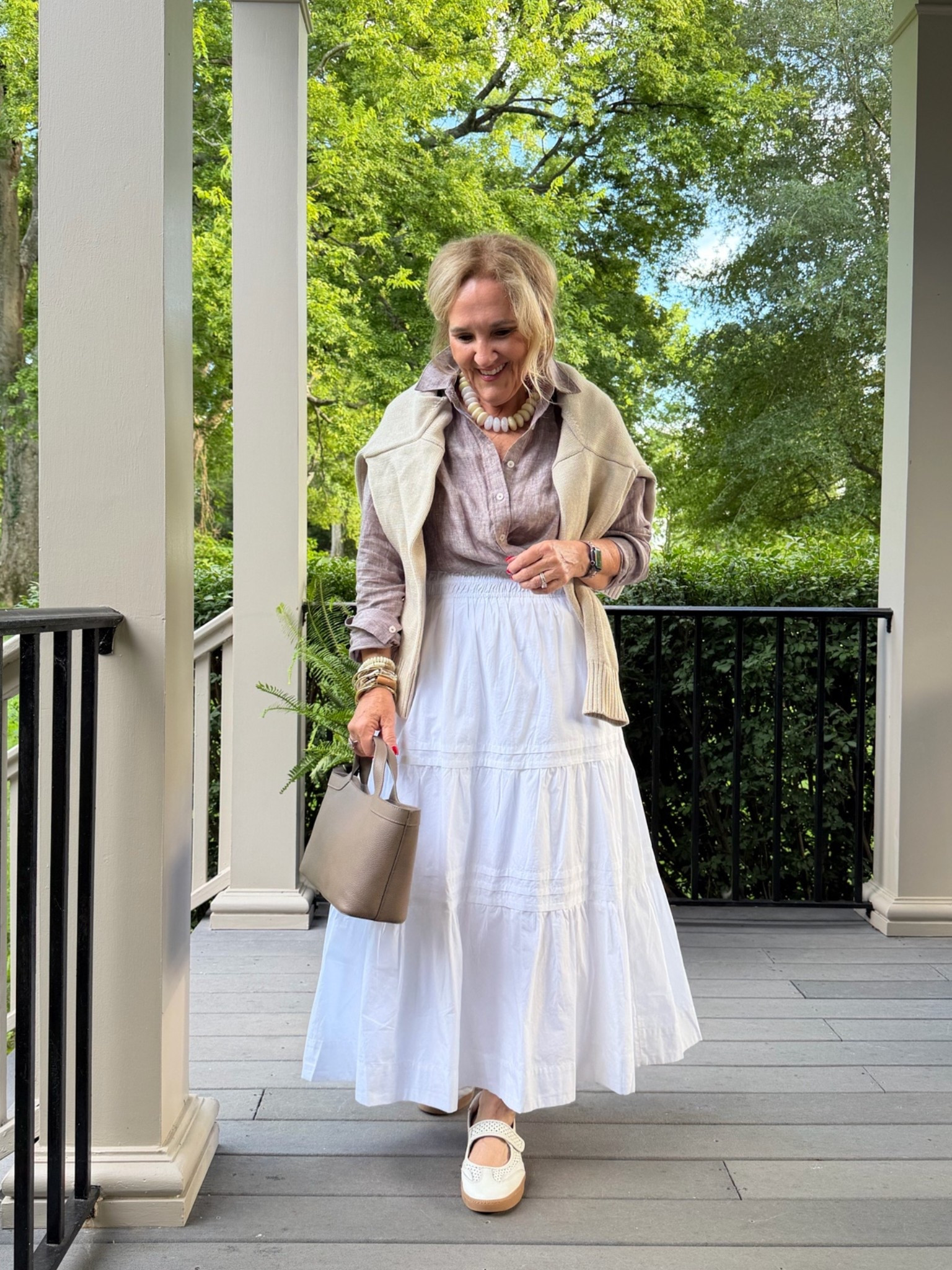 Love the white and neutrals combo. 
Skirt size medium 
Brown chambray linen medium 
Speckled beige sweater medium 

Summer outfit white skirt vacation outfit northeast style east coast style

#LTKOver40 #LTKootd #LTKMidsize