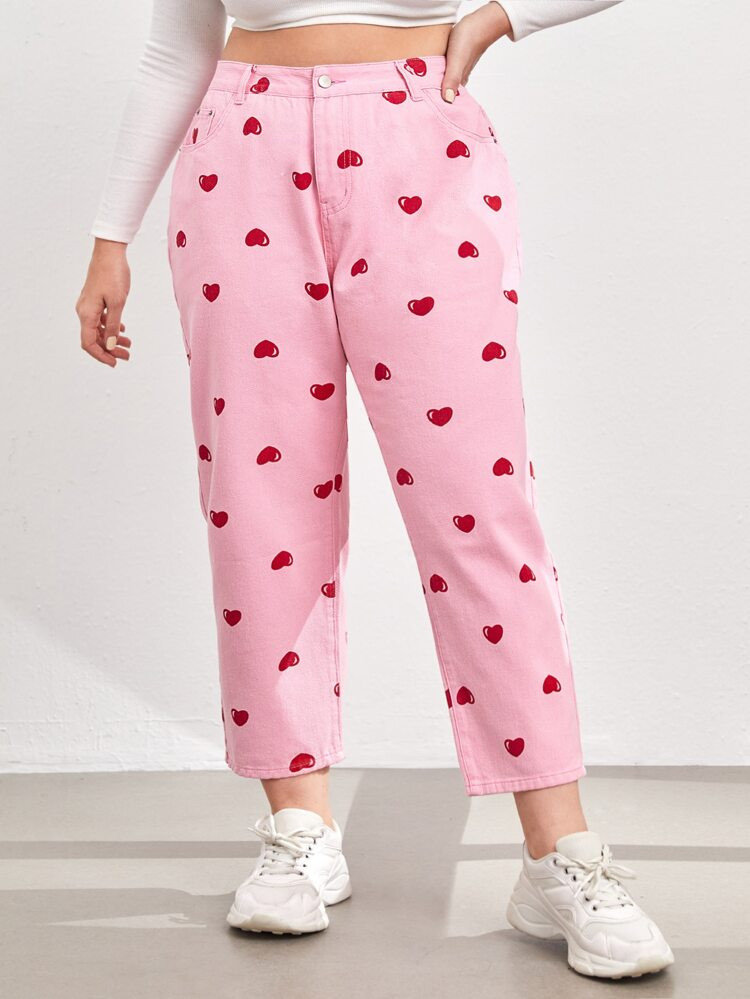Plus High Waist Heart Print Straight Jeans | SHEIN