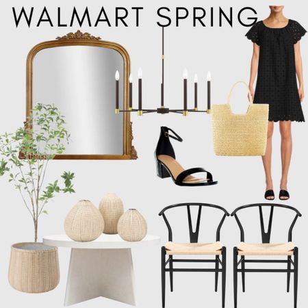 Walmart Spring Decor 
Walmart fashion 
Black  dress 
Straw bag 
Gold mirror 
Dining chairs 
Faux plant 
Planter 
Coffee table 
Chandelier 

#LTKFind #LTKhome #LTKstyletip