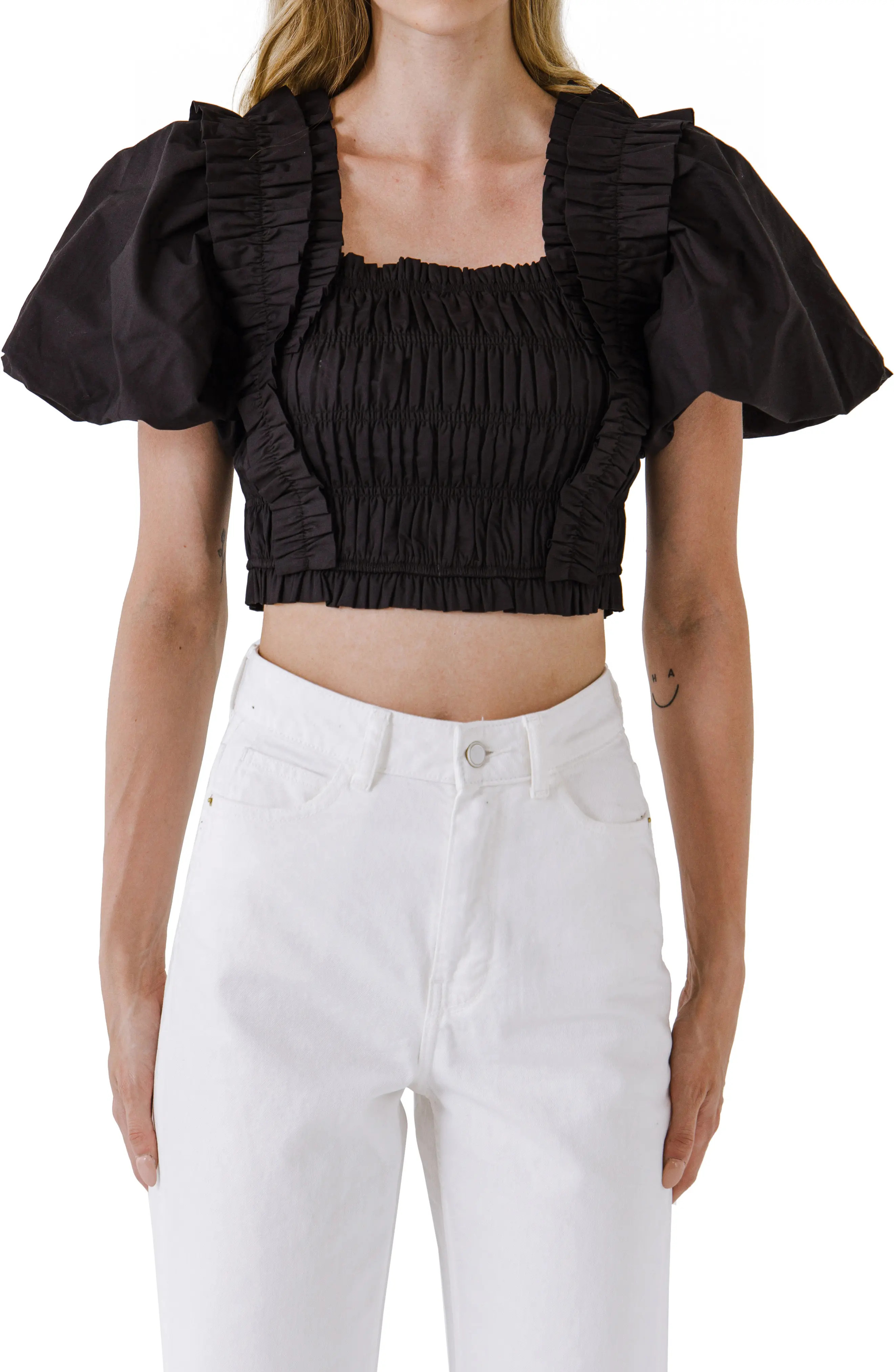 English Factory Shirred Bodice Puff Sleeve Cotton Crop Top (Women) | Nordstrom | Nordstrom