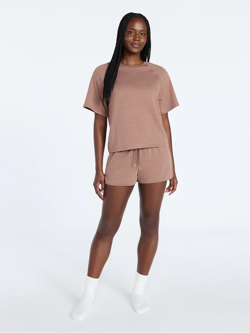 Joyspun Women's French Terry Lounge Sleep Short Sleeve Top and Shorts Set, 2-Piece, Sizes XS-3X | Walmart (US)