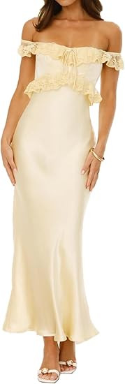 Satin Off The Shoulder Sleeveless Lace Trim Maxi Dress 2025 Summer Elegant Formal Bridesmaid Dres... | Amazon (US)