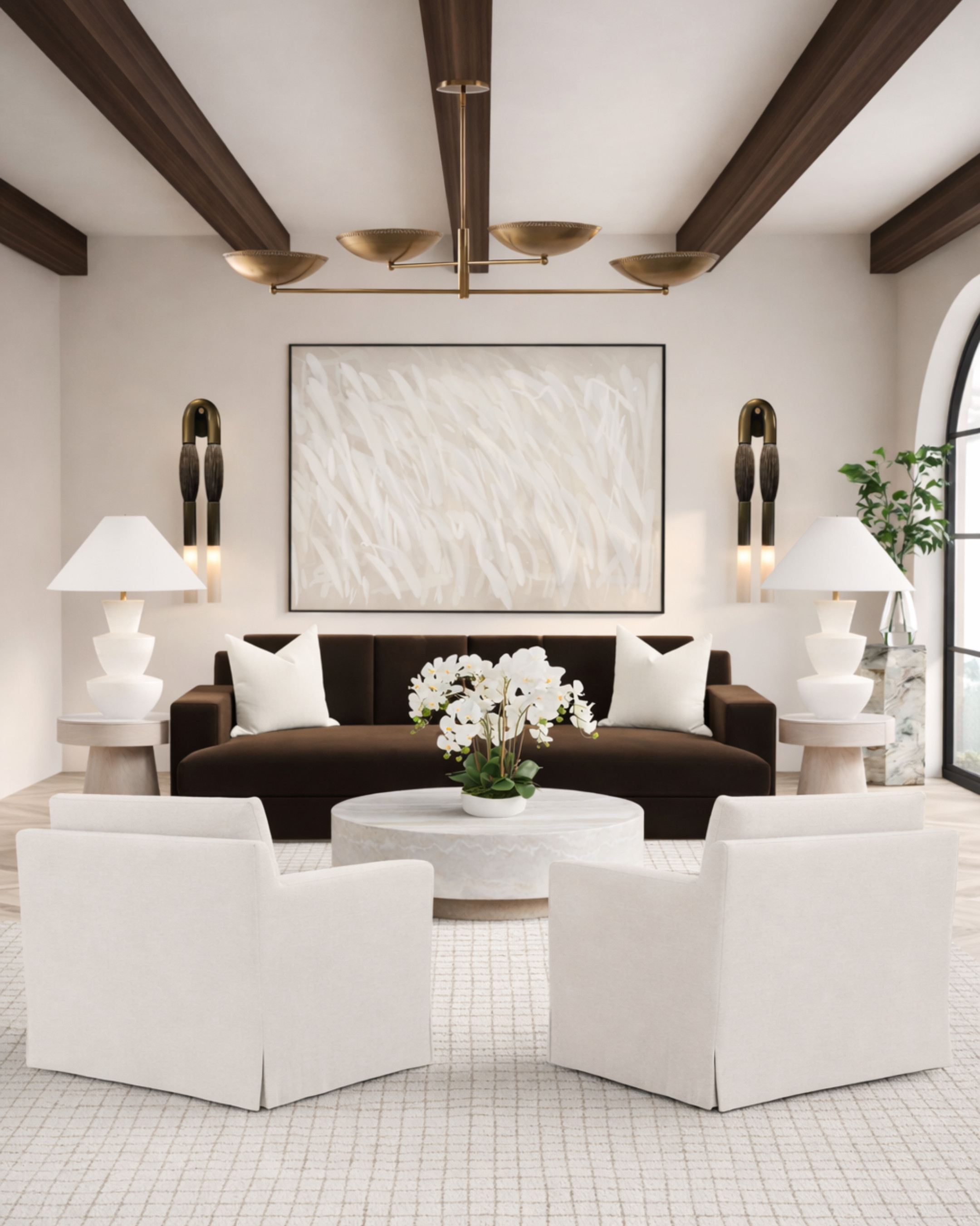 This is what happens when symmetry meets texture 🤎✨

The rich chocolate sofa grounds the space, while those creamy swivel chairs keep it feeling light and elevated. Every detail plays its part—from the sculptural lighting to the soft grid rug—creating a look that feels layered, intentional, and quietly luxurious.

It’s giving effortless, but actually very thought-out.

Shop the look + recreate this vibe in your own space 👇 

 #LTKHome