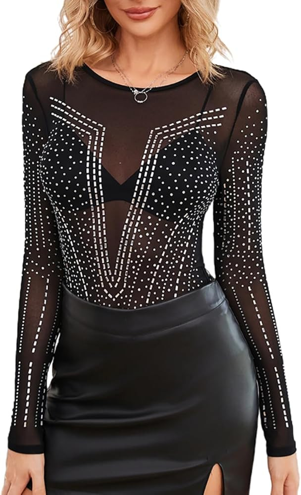 SEBOWEL Women Long Sleeves Mesh See Through Jumpsuit Bodysuit Top Leotard | Amazon (US)