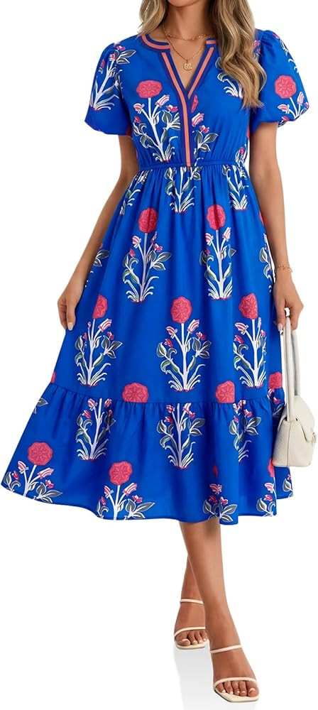 Cicy Bell Womens Summer Floral Print Maxi Dress A Line Puff Short Sleeve V Neck Boho Dresses Flow... | Amazon (US)
