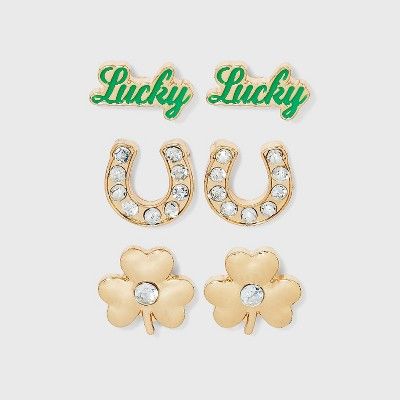Girls' 3pk Irish Earring Set with 'Lucky' and Shamrock Studs - art class™ | Target