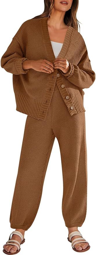 Prinbara Women's 2 Piece Outfits Sweater Set 2023 Fall Oversized Knit Cardigan High Waisted Pants... | Amazon (US)