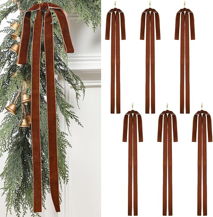 Janinka 6 Pcs Dark Brown Long Velvet Bow Ornaments Christmas Swag 23.5x15.5 Inch Rustic Vintage L... | Amazon (US)