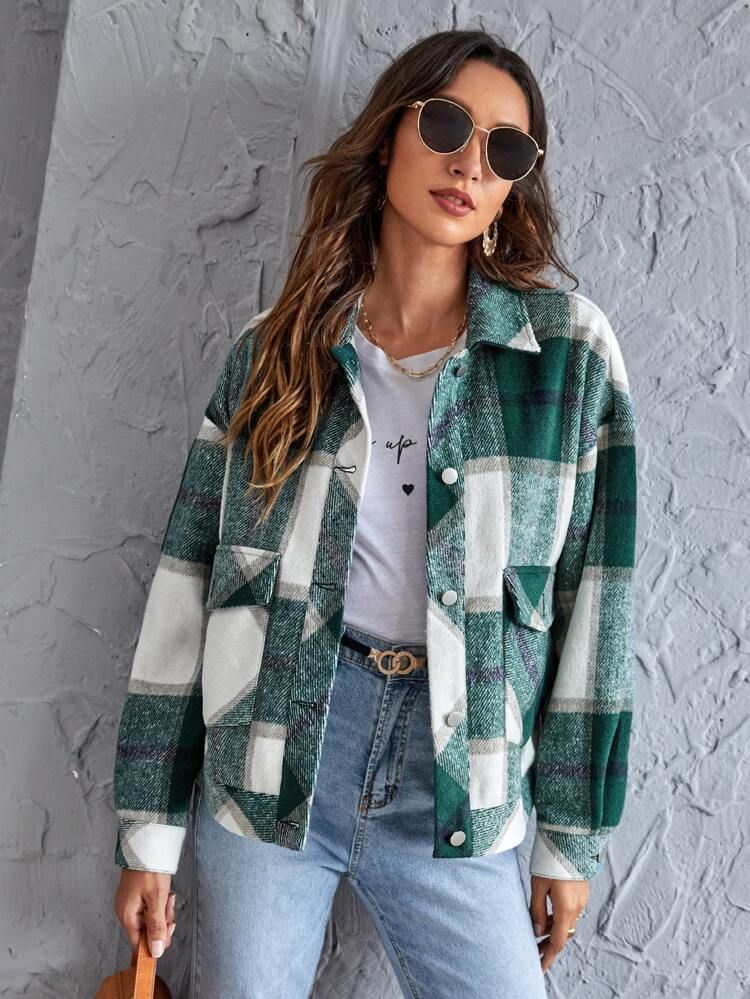 SHEIN Plaid Flap Pocket Shacket | SHEIN