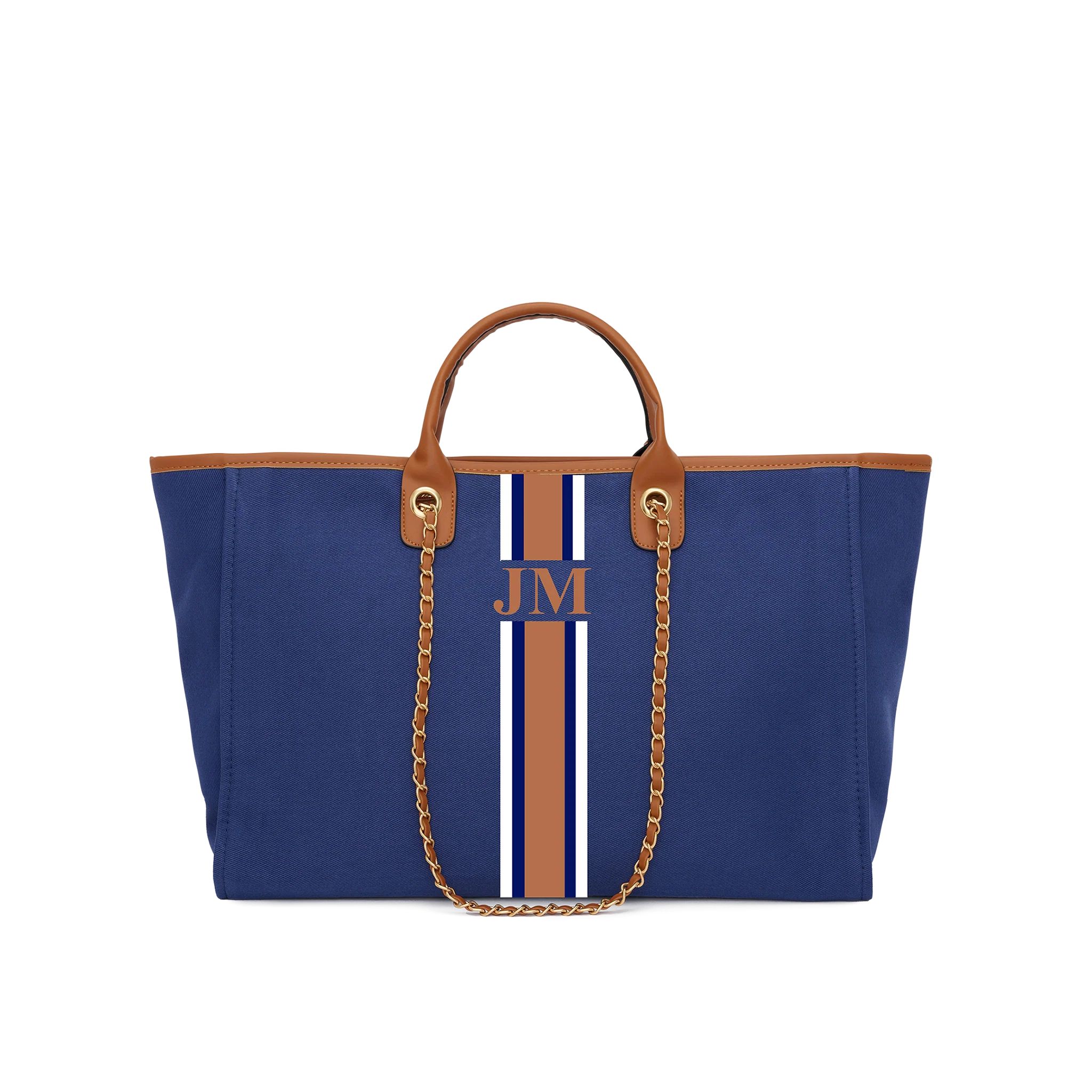 The Lily Canvas Tote Bag Midnight Navy with White & Dark Brown Stripes | Lily and Bean