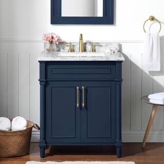 Aberdeen 30 in. W x 22 in. D x 34 in. H Single Sink Bath Vanity in Midnight Blue with Carrara Mar... | The Home Depot
