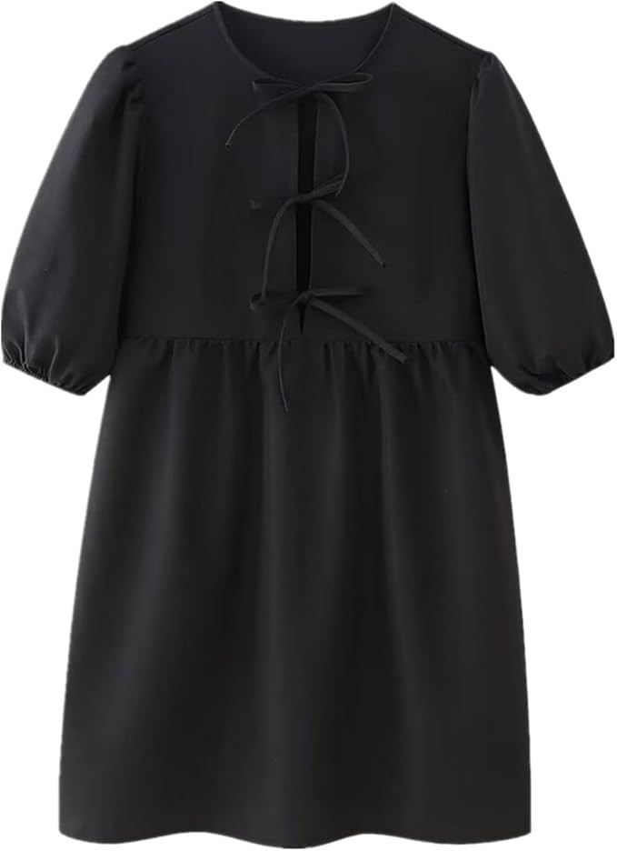 Women Casual Summer Puff Sleeve Mini Dress Bow Tie Front Y2K Babydoll Cut High Waist Peplum Dress | Amazon (US)