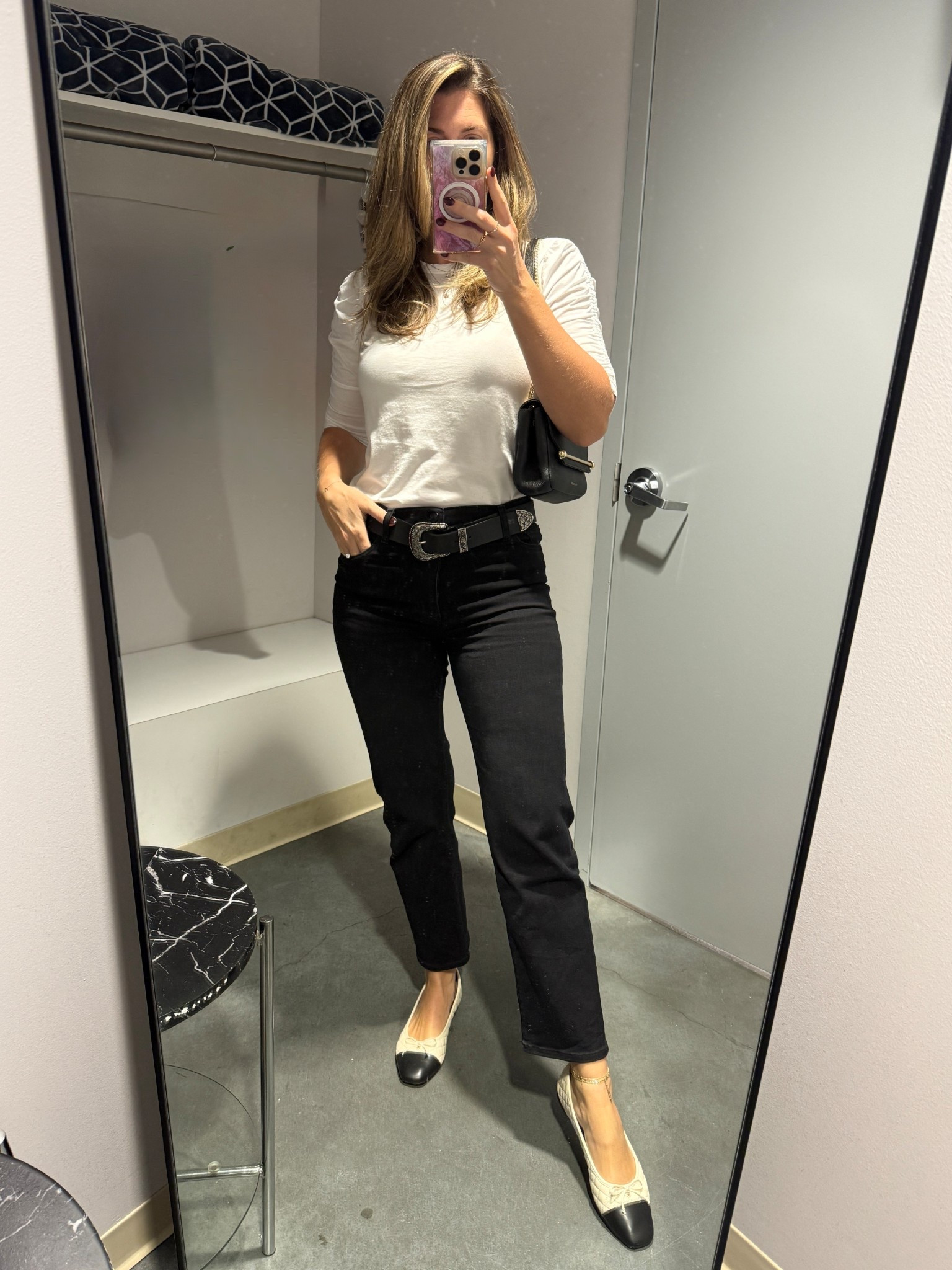 Sporting one of my favorite white tees and black jeans. Love the ruching detail on the sleeve. 

Tee runs TTS. Wearing a size S.
Jeans run TTS. Wearing a 28.

My quilted cap toe flats are so comfy due to the cushioned insole and are well priced. They run TTS. 

#LTKShoeCrush #LTKOver40 #LTKTall