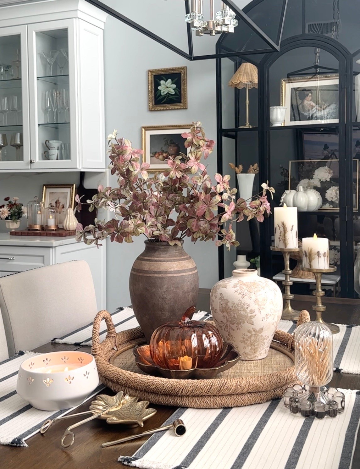 Fall neutral tray styling with pretty painted vase on sale, brown terracotta vase, Amber pumpkin, fall candles, candleholders + more fall home decor accessories.

#LTKHome #LTKSaleAlert #LTKdayinmylife