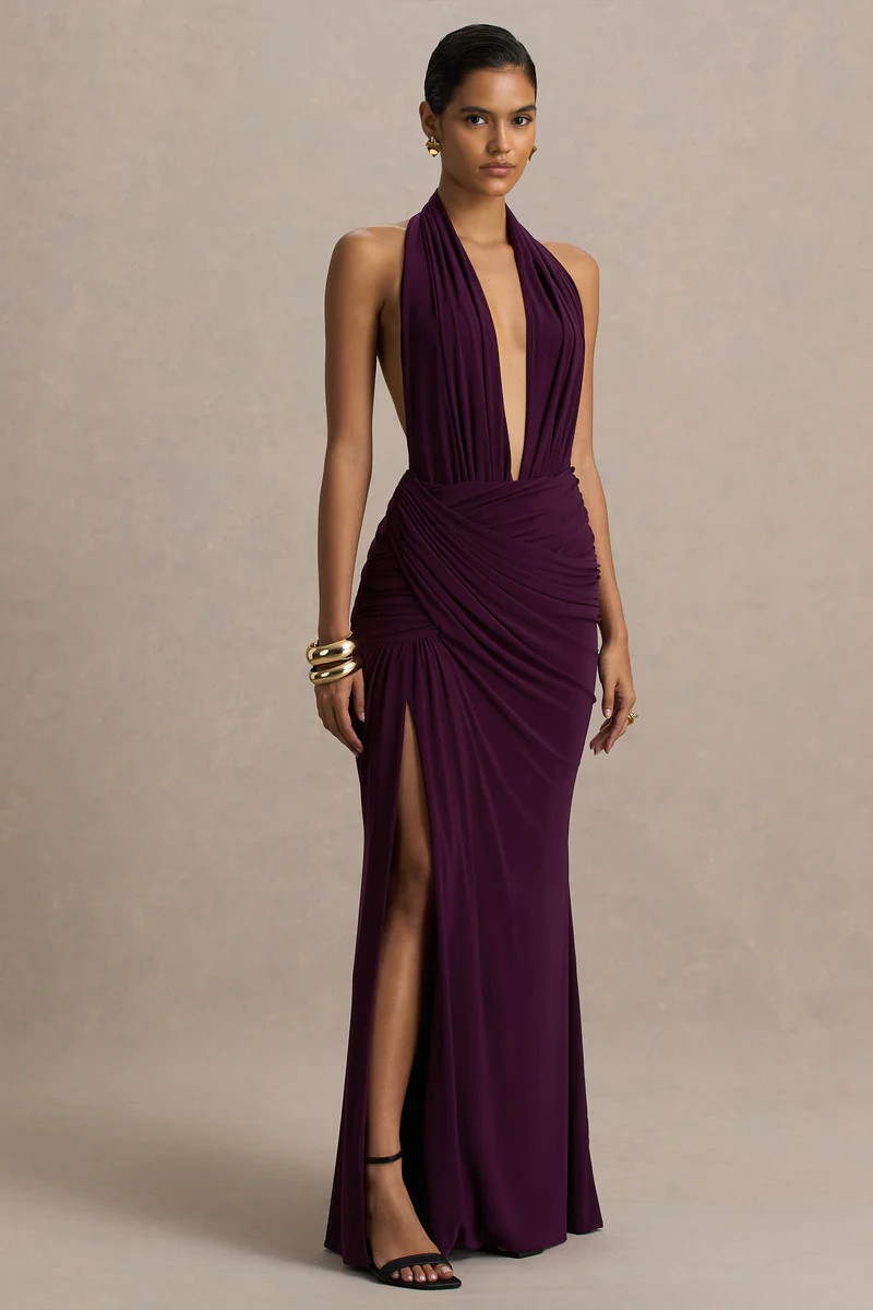 Tilly  Burgundy Extreme Plunge-Neck Maxi Dress With Wrap And Ruched Details | Club L London