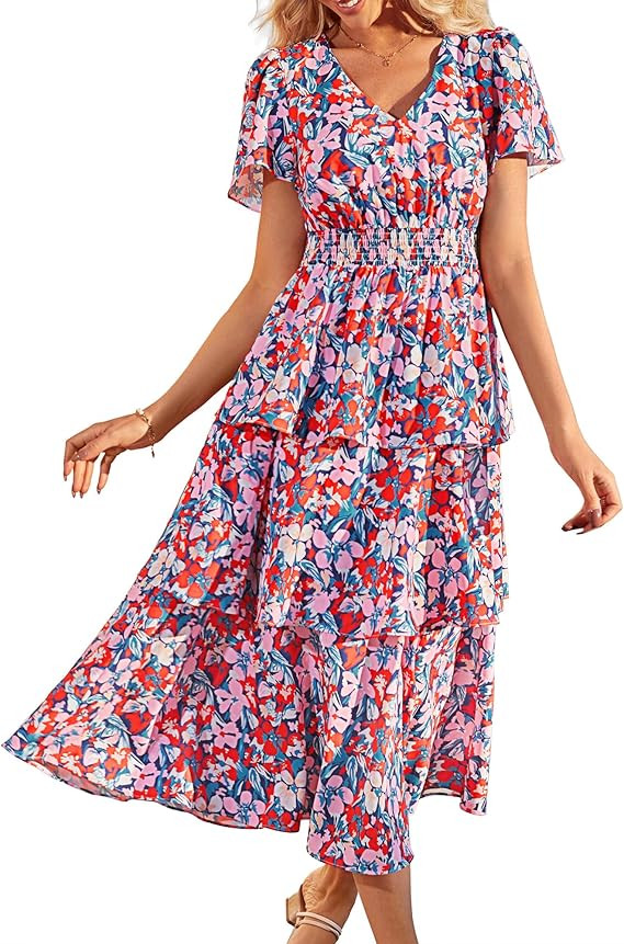 GRACE KARIN Women's 2025 Floral Summer Long Midi Dress V Neck Short Sleeve Ruffle Tiered Layered ... | Amazon (US)