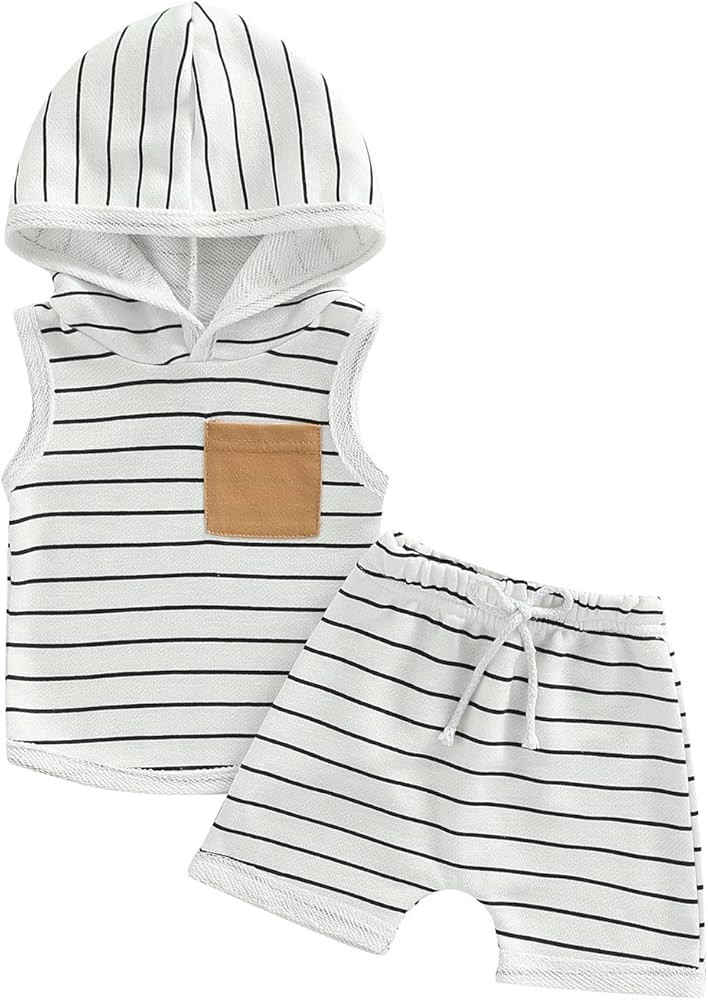 BemeyourBBs Toddler Baby Boy Summer Outfit Hooded Top with Pocket and Elastic Waist Shorts Set In... | Amazon (US)