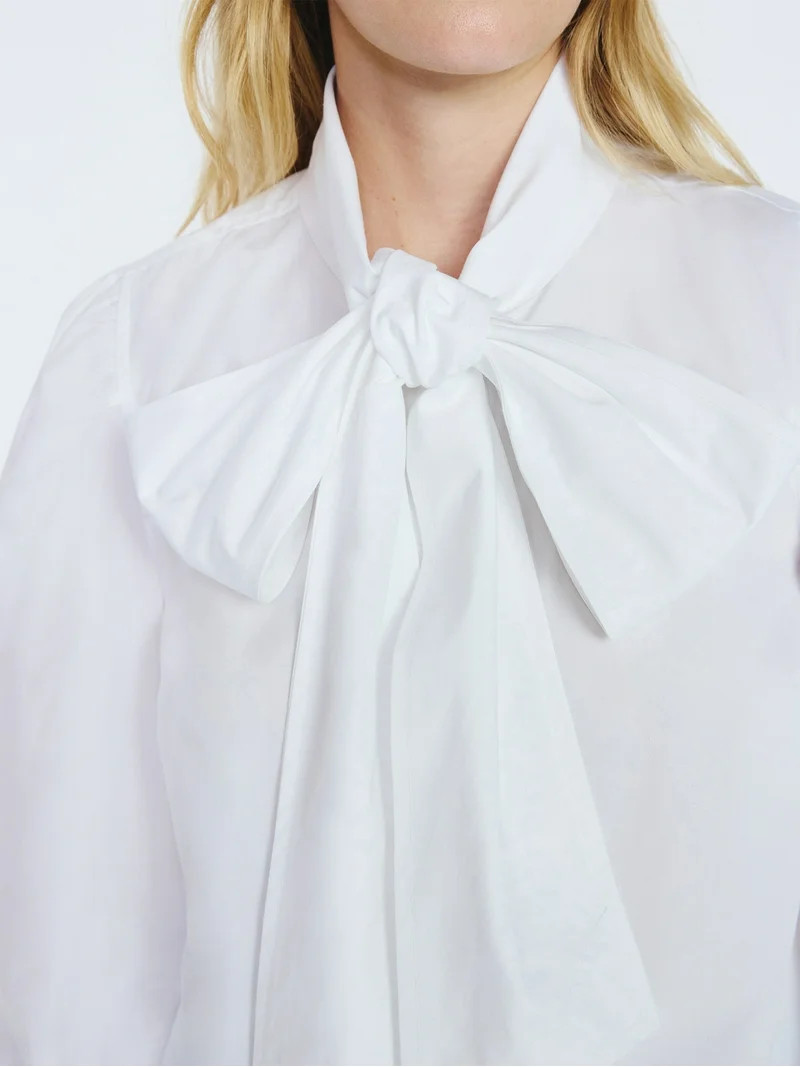 Free Assembly Women's Cotton Tie Neck Blouse with Long Puff Sleeves, Sizes XS-XXL | Walmart (US)