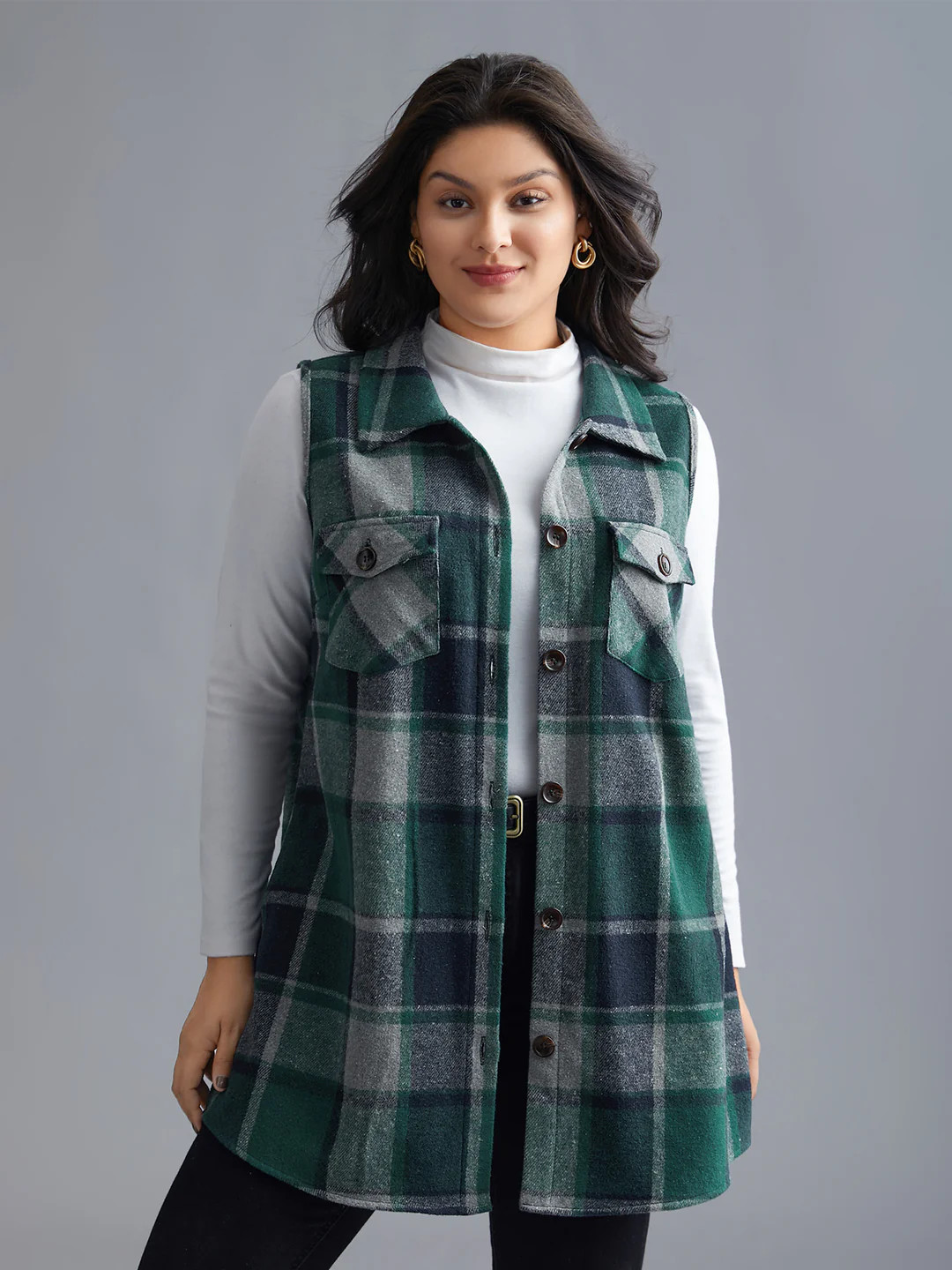 Plaid Flap Detail Sleeveless Jacket | Bloomchic