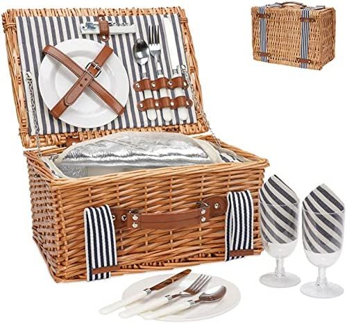 Wicker Picnic Basket Set for 2 Persons,Handmade Willow Picnic Basket with Insulated Cooler & Cutl... | Amazon (US)