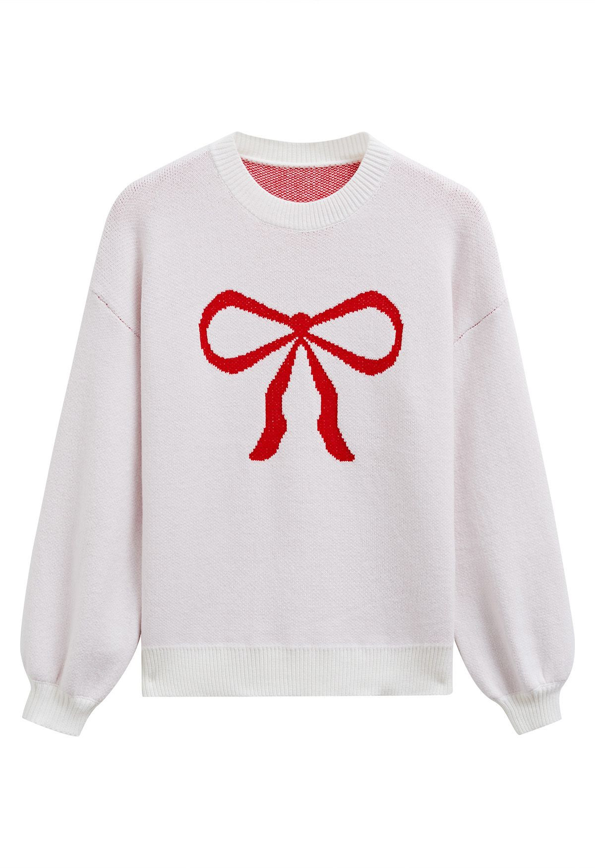 Ribbon Bowknot Pattern Jacquard Knit Sweater in White | Chicwish