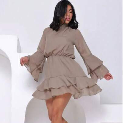 LADY CHIC Vestido Feminino Manga Longa Flare em Camadas Gola Alta Curto Babados Chiffon Elegante Coleção Moda Luxo 2025 Festa Outono Inverno Boho Chi | SHEIN