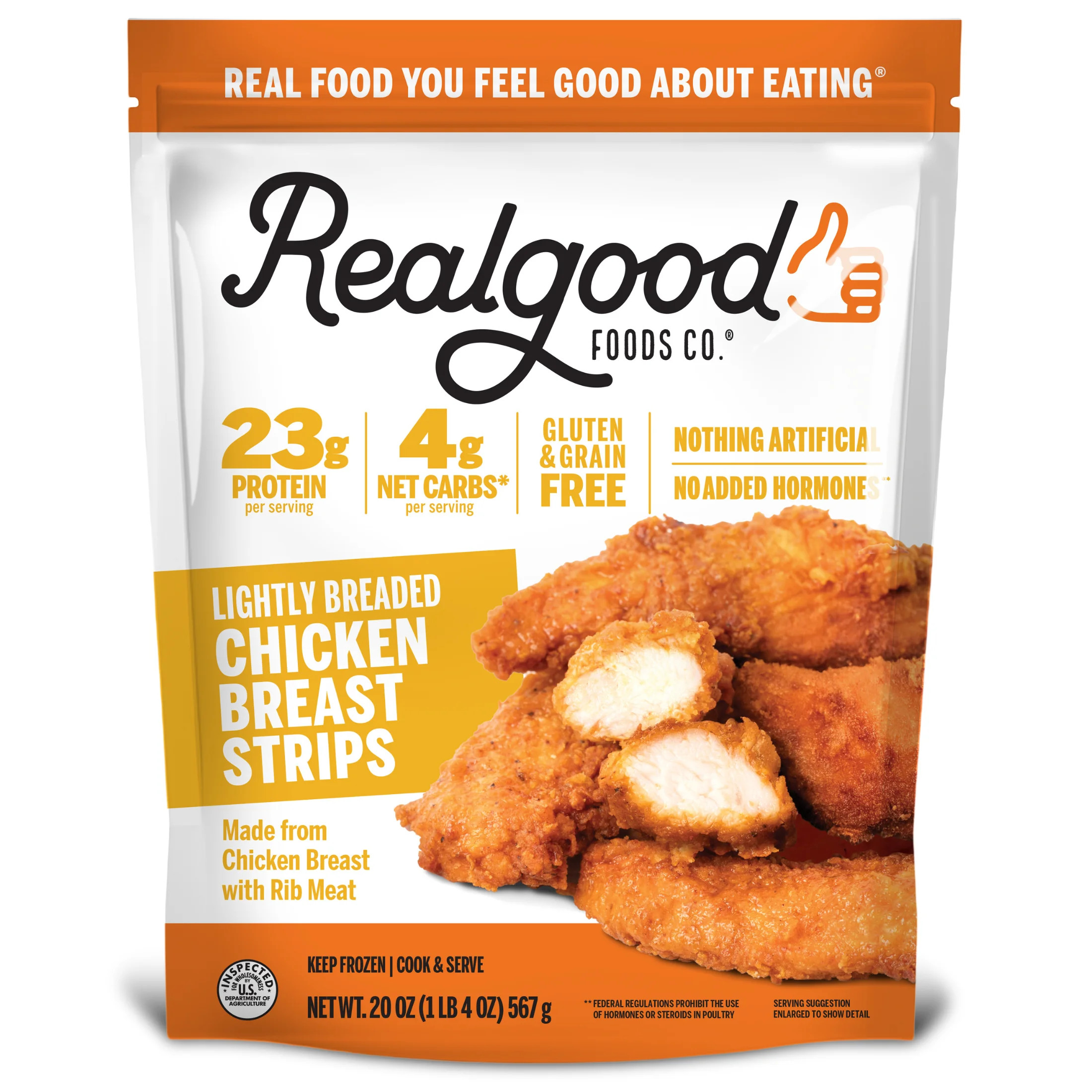 Realgood Foods Co. Lightly Breaded Chicken Breast Strips, Gluten-Free, 20 oz Regular Bag (Frozen) | Walmart (US)