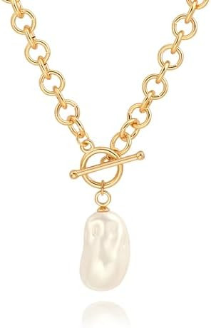18k Gold Plated Chain Link Necklace for Women, Baroque Pearl/Compass Pendant Necklace | Amazon (US)