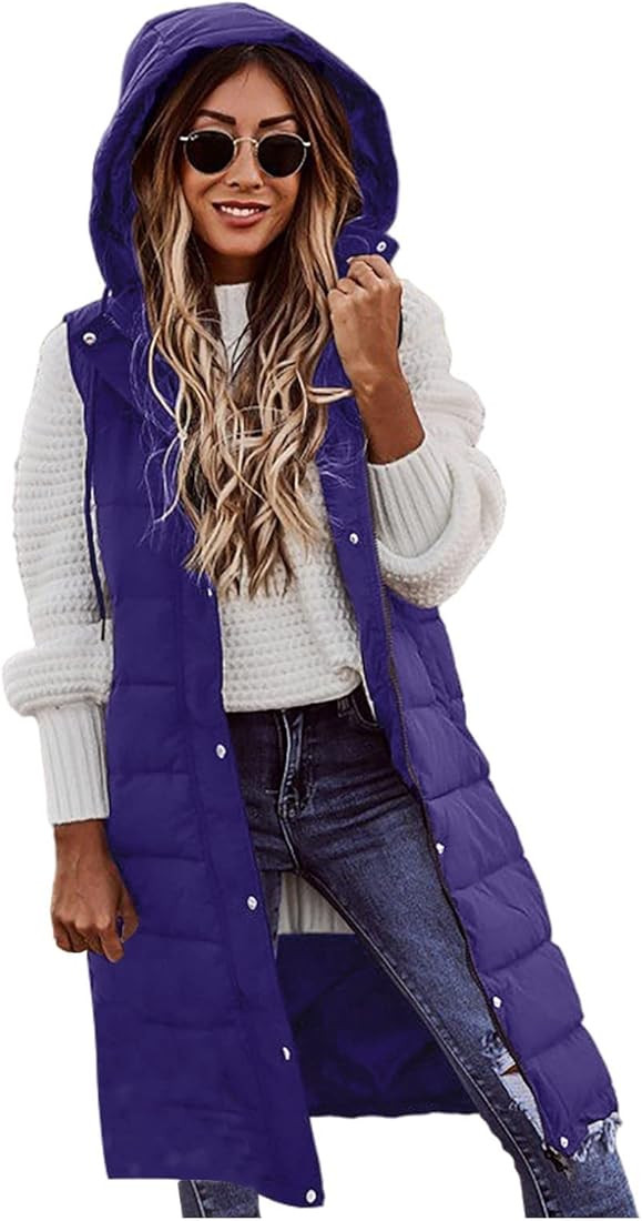 OSMUAL Women Long Puffer Vest Sleeveless Puffy Jacket with Hood | Amazon (US)