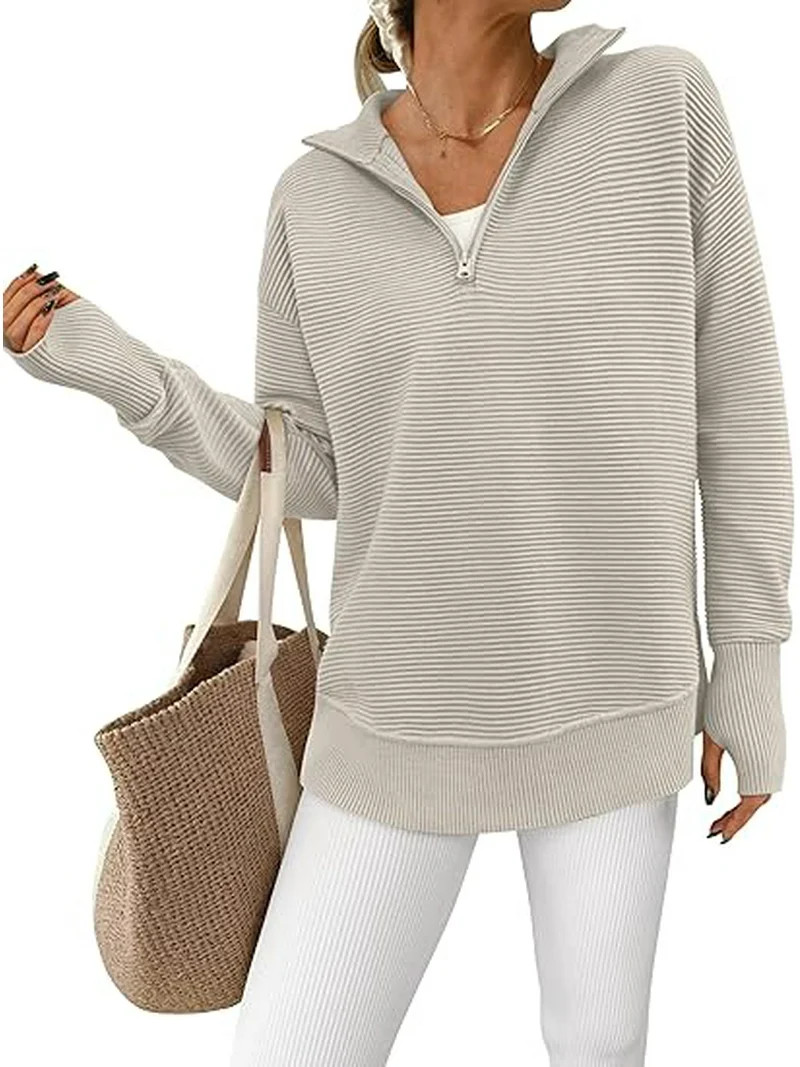 PRETTYGARDEN Womens Long Sleeve Quarter Zip Pullover Sweater Casual Loose V Neck Collared Ribbed ... | Walmart (US)