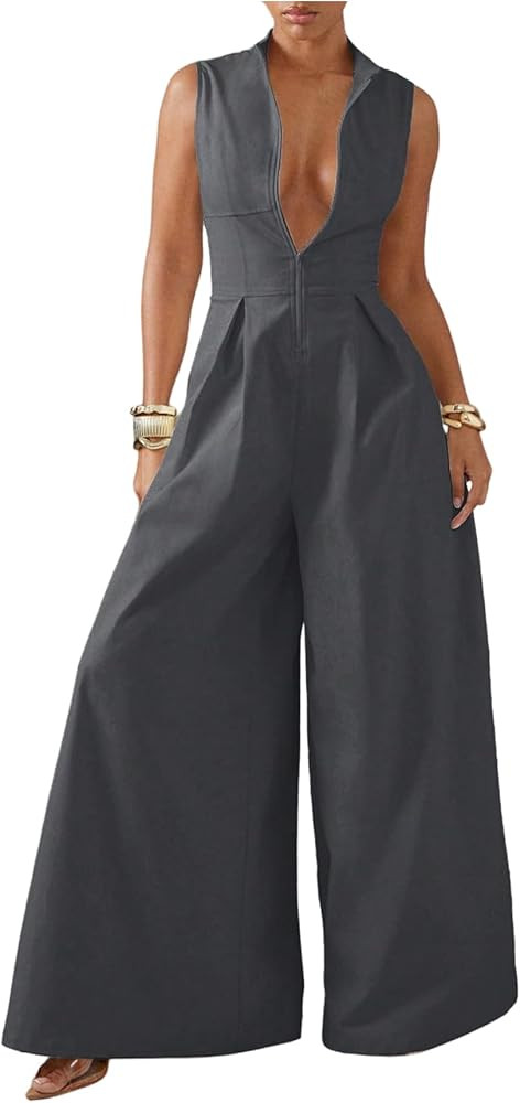 SOLY HUX Women's Zipper Front Wide Leg Jumpsuit Summer Mock Neck Sleeveless Elegant Romper | Amazon (US)