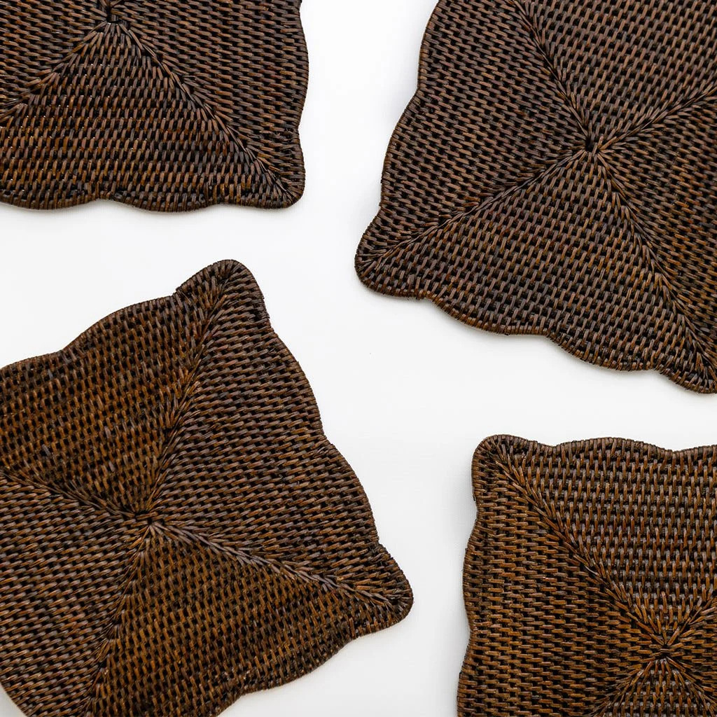India Hicks Home Antique Brown Rattan Scalloped Square Placemat | Set | Pomegranate