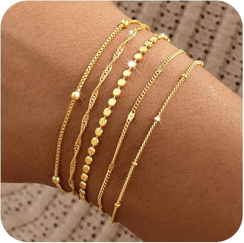 Gold Bracelets for Women, 14K Gold Plated Stackable Bracelet Stack Set Adjustable Charm Paperclip... | Amazon (US)