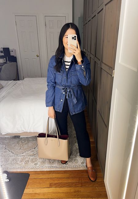Denim shirt jacket (SP)
Striped sweater (XS)
Black jeans (4S)
Taupe tote bag
Brown loafers (TTS)
Smart casual outfit
Teacher outfit
Spring work outfit
Ann Taylor outfit

#LTKworkwear #LTKfindsunder100 #LTKSeasonal