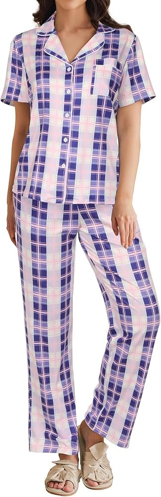 Ekouaer Womens Pajamas Set Plaid PJs Soft Button Down Sleepwear Short Sleeve Nightwear with Long ... | Amazon (US)
