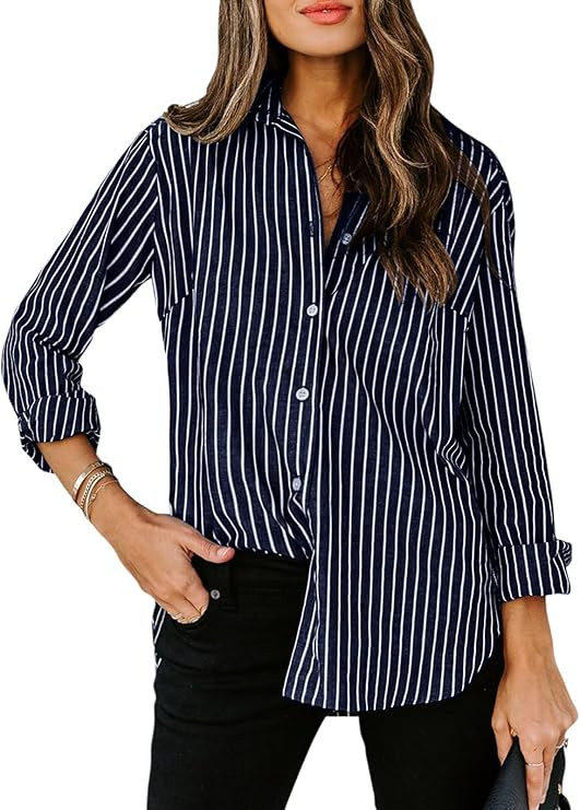 siliteelon Womens Button Down Shirts Cotton Striped Dress Shirt Long Sleeve Collared Office Work ... | Amazon (US)