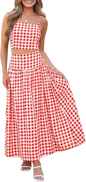 Wenrine Womens 2 Piece Skirt Sets Summer Gingham Crop Tank Tops Midi Dress Set Travel Vacation Ou... | Amazon (US)