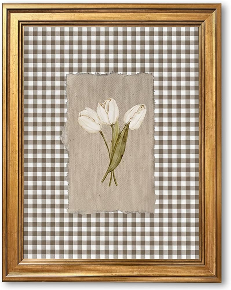 Gold Framed White Tulips Vintage Floral Wall Art Painting Brown Gingham Botanical Print Rustic Fa... | Amazon (US)
