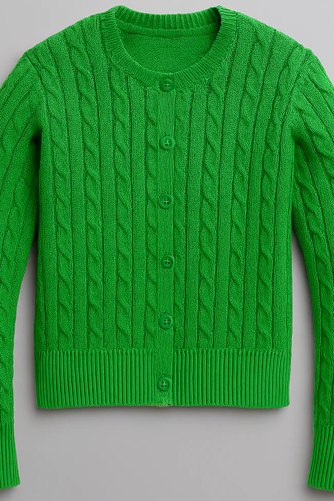 Kelly Green Cable Knit Cotton Cardigan | Pearls & Camo