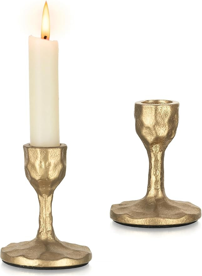 Antique Brass Candlestick Holders: Cast Iron Taper Candle Holder | Handcrafted Hammered Design, V... | Amazon (US)
