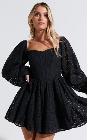 Helena Mini Dress - Long Sleeve Fit and Flare Lace Dress in Black | Showpo (US, UK & Europe)