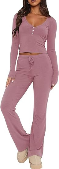 Ezbelle Women's Lounge Sets 2 Piece Outfits Long Sleeve Crop Button Down V Neck Shirt Knit Pajama... | Amazon (US)