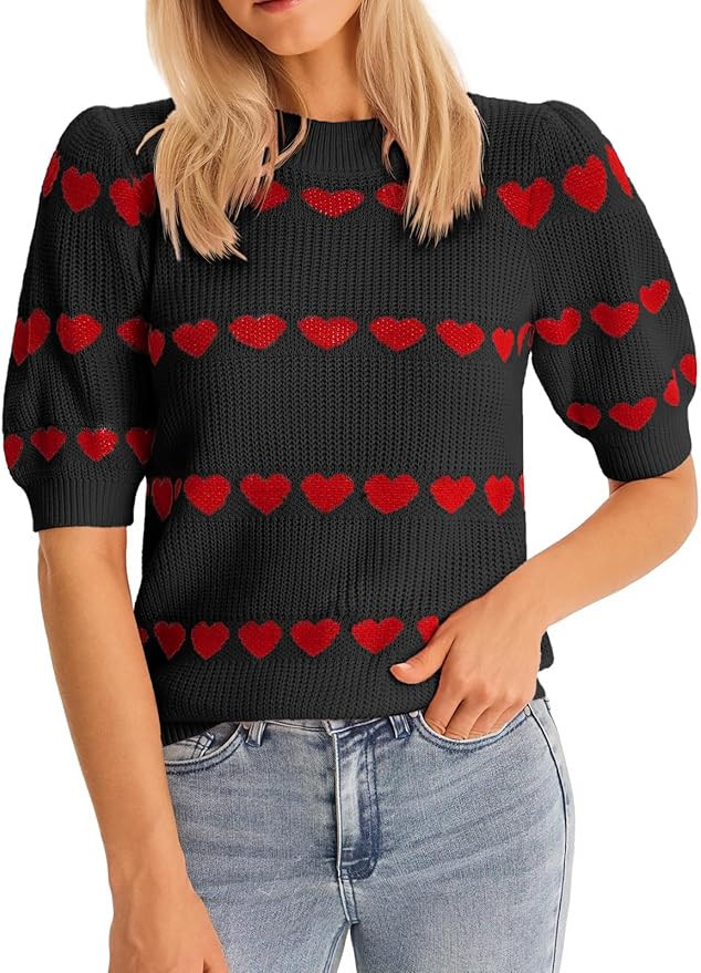 Saodimallsu Womens Heart Striped Sweaters Valentines Puff Short Sleeve Sweaters Cute Lightweight ... | Amazon (US)