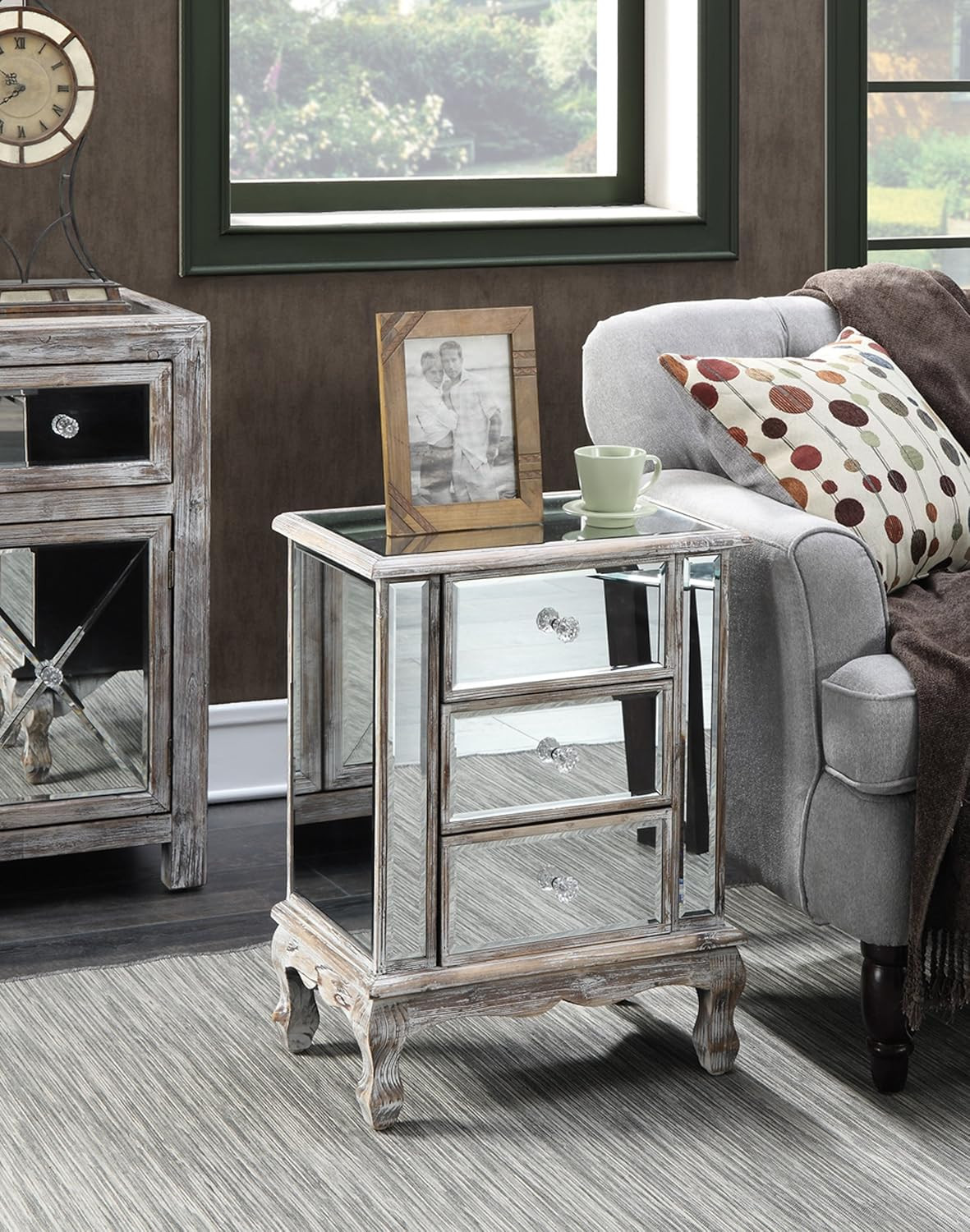 Convenience Concepts Gold Coast Collection 3-Drawer Mirrored End Table, Weathered White/Mirror | Amazon (US)