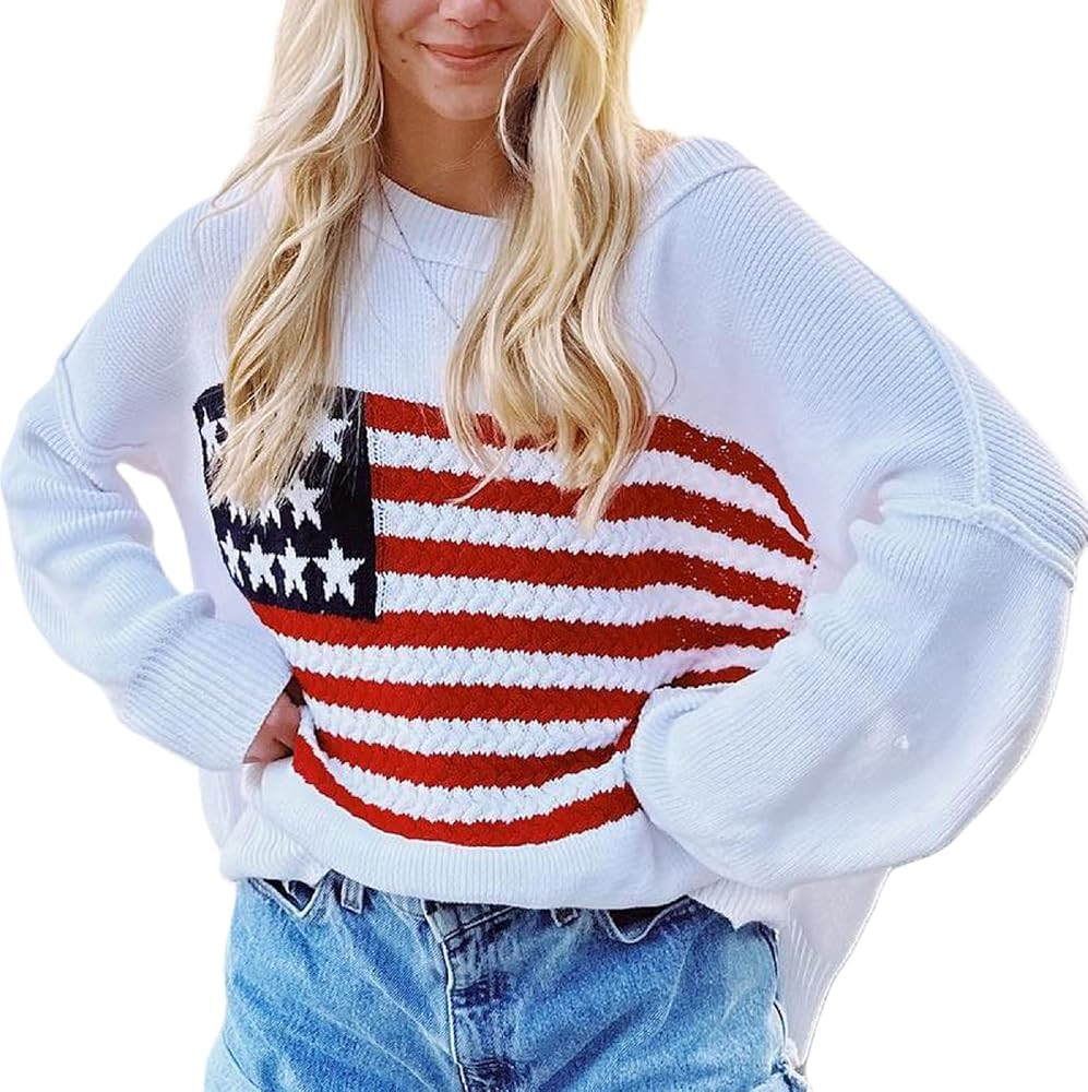 KMBANGI Women American Flag Sweater Graphic Loose Vintage Long Sleeve Crewneck Knitted Jumper Top... | Amazon (US)
